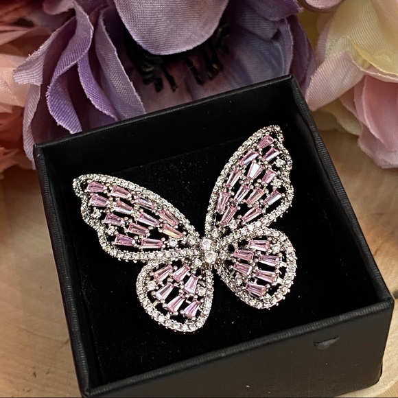 Sparkly Pink and Silver Crystal Butterfly Ring - Picture 10 of 13